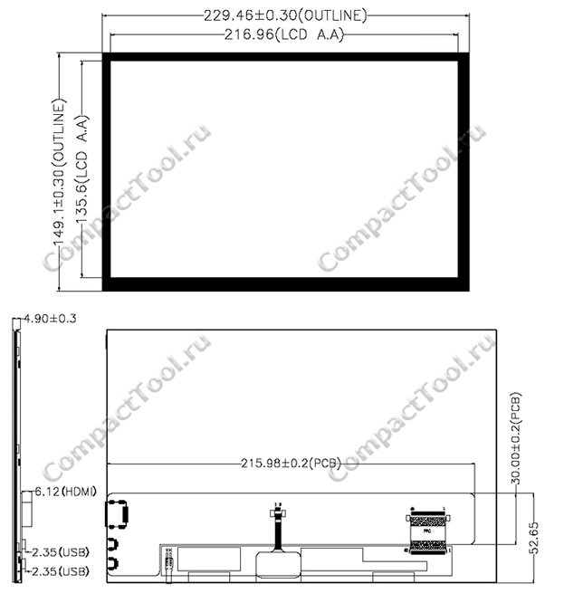 Физические габаритные размеры экранного модуля WKS101WX002-WCT