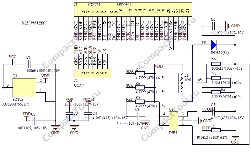 Принципиальная схема модуля с OLED-экраном SPD0301 SPI 7 pin