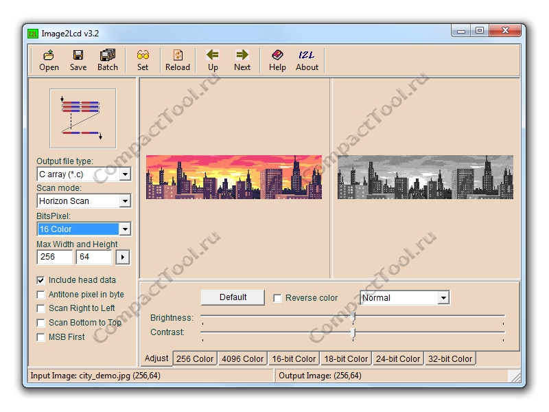 Пример конвертации монохромного изображения 256х64 с поддержкой градации шаклы серого в Image2Lcd