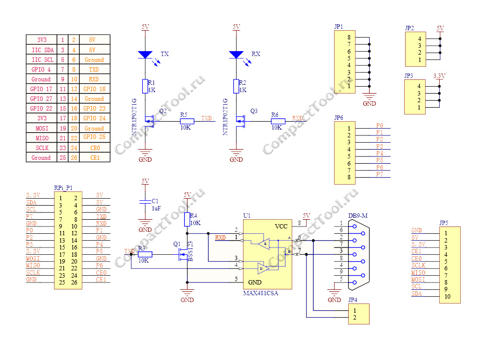 Электрическая принципиальная схема RS485/GPIO Expansion Board