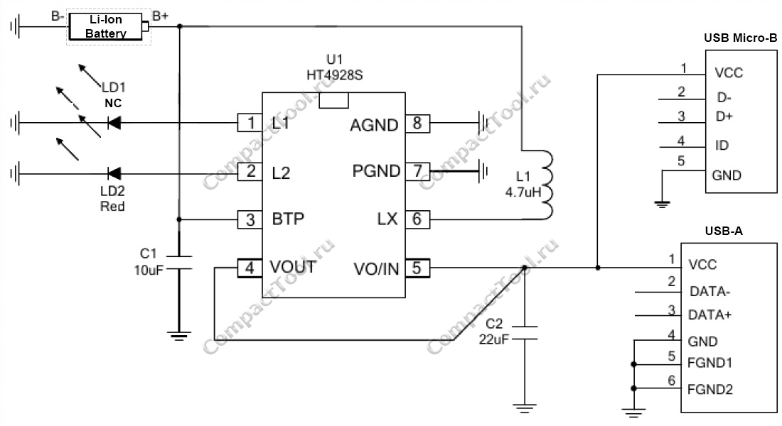 Электрическая принципиальная схема HT4928S контроллера заряда/разряда Li-Ion