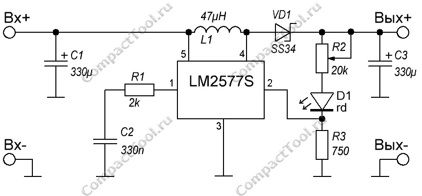 Электрическая принципиальная схема модуля преобразователя LM2577S-ADJ