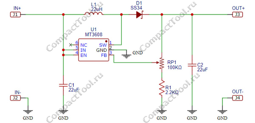 Электрическая принципиальная схема MT3608 повышающего DC-DC преобразователя HW-045