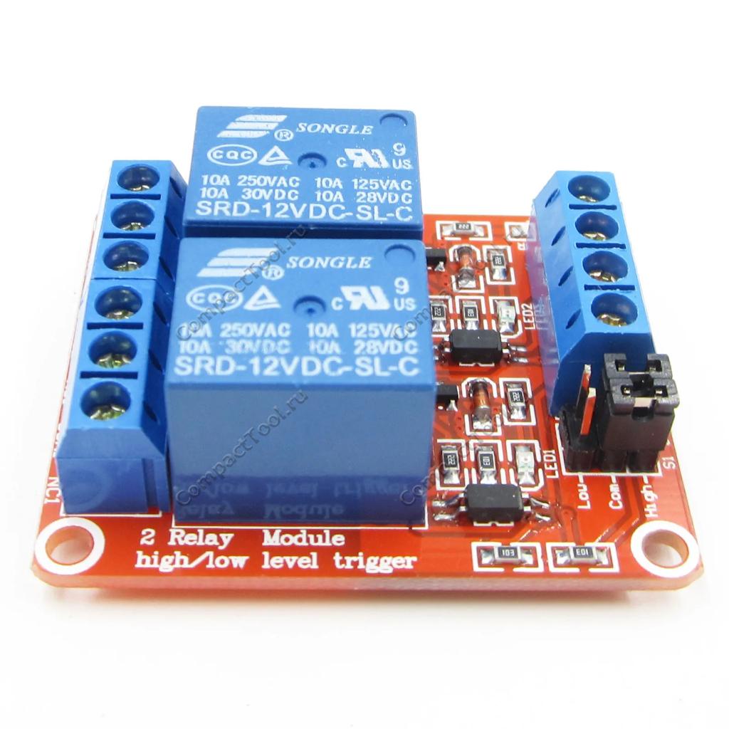 Модуль реле  12V на  2 канала с опторазвязкой, выбор уровня TTL, КРАСНАЯ