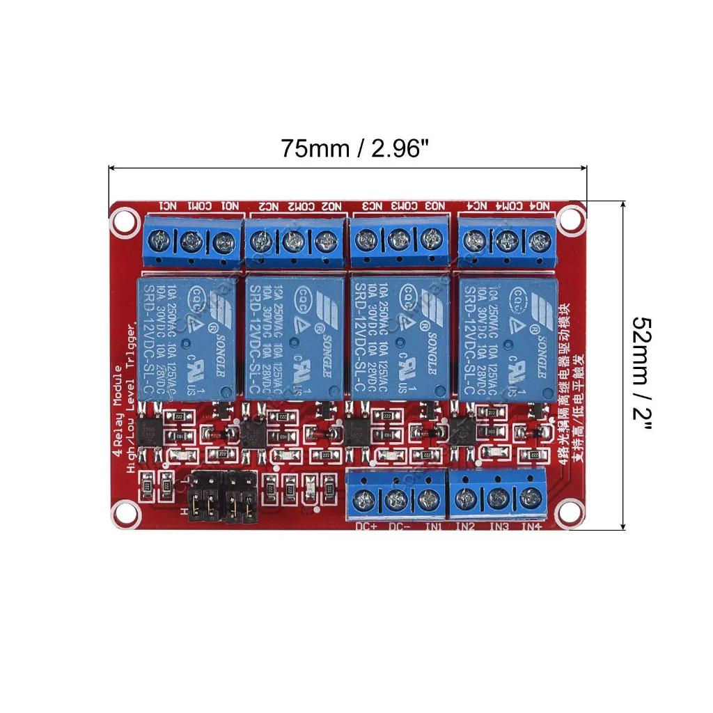 Модуль реле  12V на  4 канала с опторазвязкой, выбор уровня TTL, КРАСНАЯ