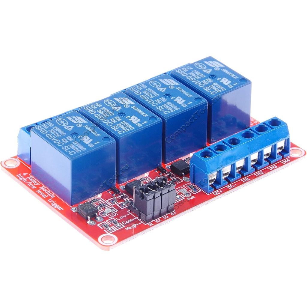 Модуль реле  5V на  4 канала с опторазвязкой, выбор уровня TTL, КРАСНАЯ