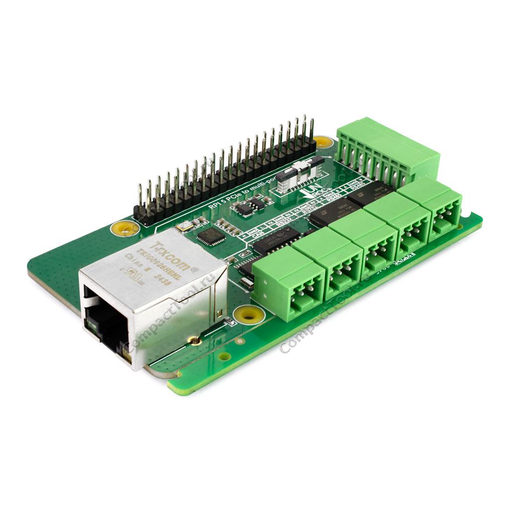Плата расширения для Raspberry Pi 5 PCIe гигабитный RJ45 и интерфейсы CANRS485RS232