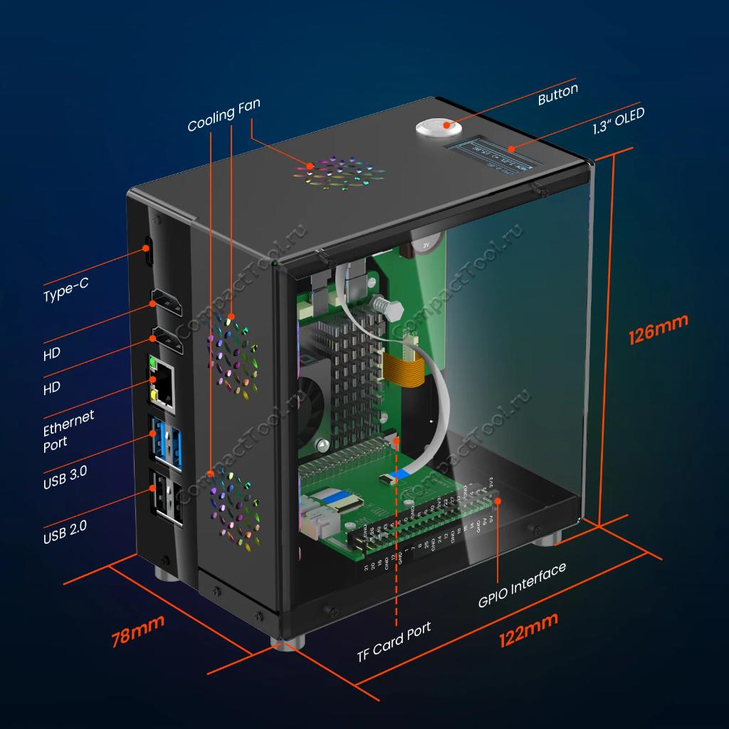 Корпус Mini PC Case c 1.3 дюймовым OLED экраном для Raspberry Pi 5