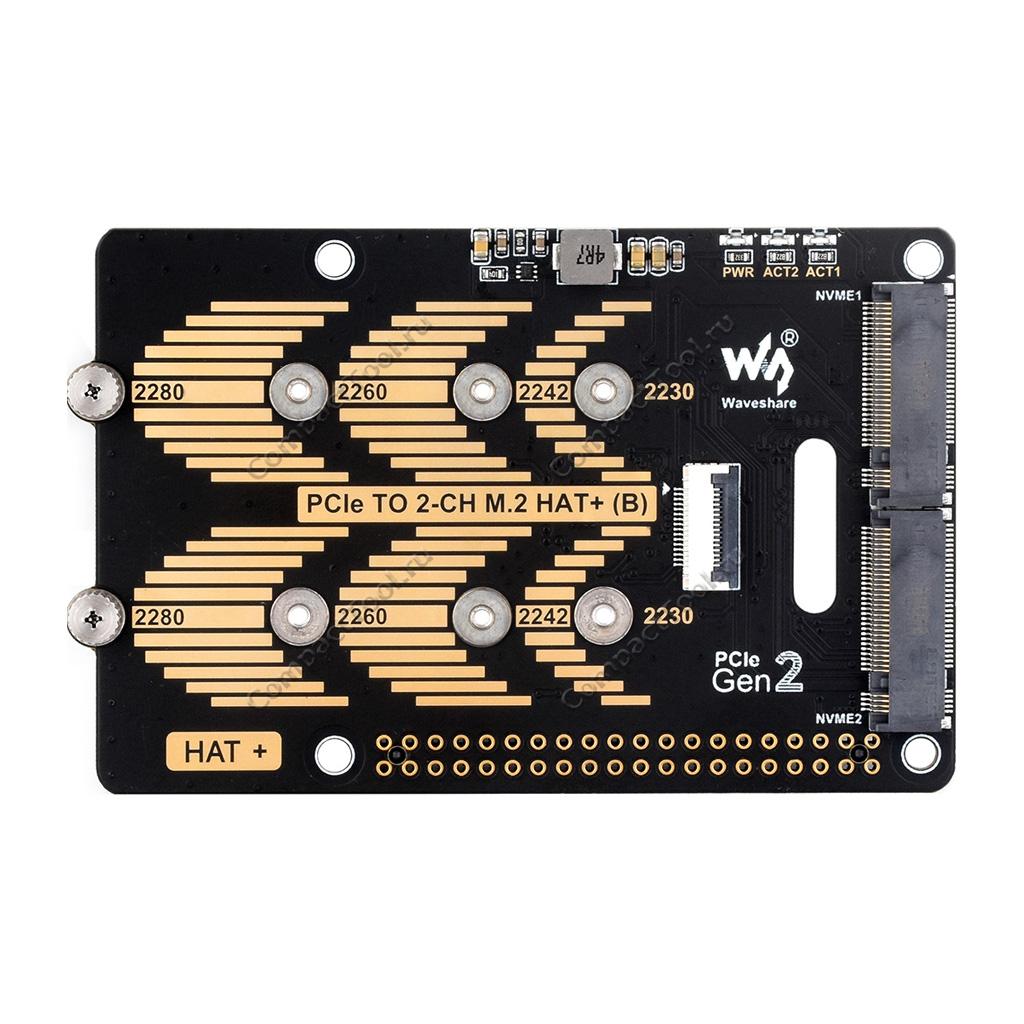 PCIe TO 2-CH M.2 HAT+ (B) Waveshare Адаптер 2-канальный для Rapsberry Pi 5