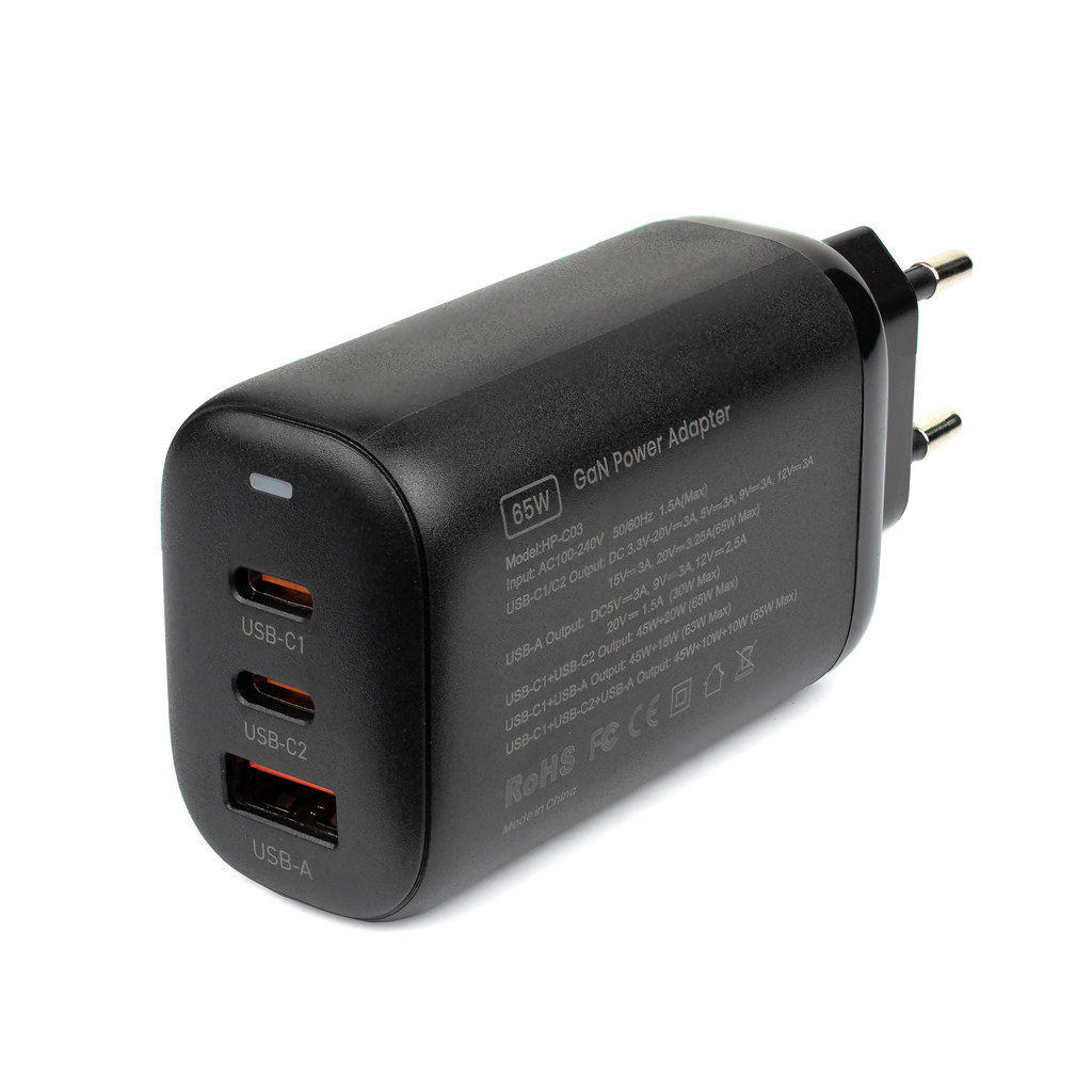 Блок питания GaN 65W 220V--> 1*USB(A)+2*Type-C, PD, черный